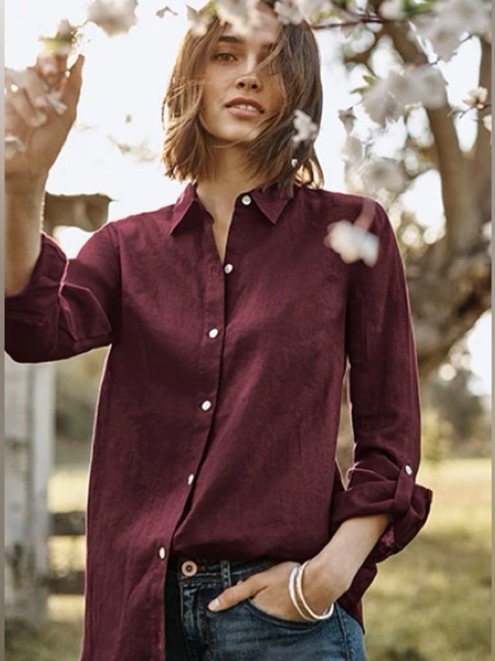 J. Jill Linen Button Up Shirt A Line Tab Sleeve Long Berry Purple Maroon XL